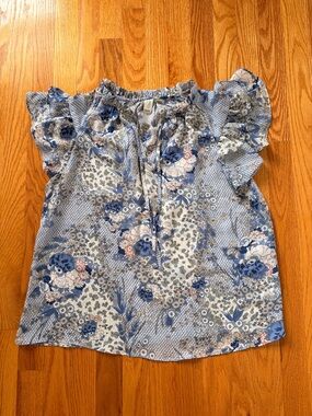 Joie Blue and White Floral Ruffled Neck Blouse